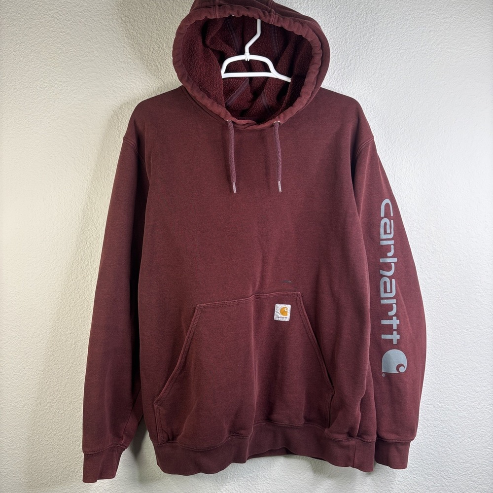 Carhartt Hoodie Men's L Maroon STAINED Spellout Original Fit Sweatshirt